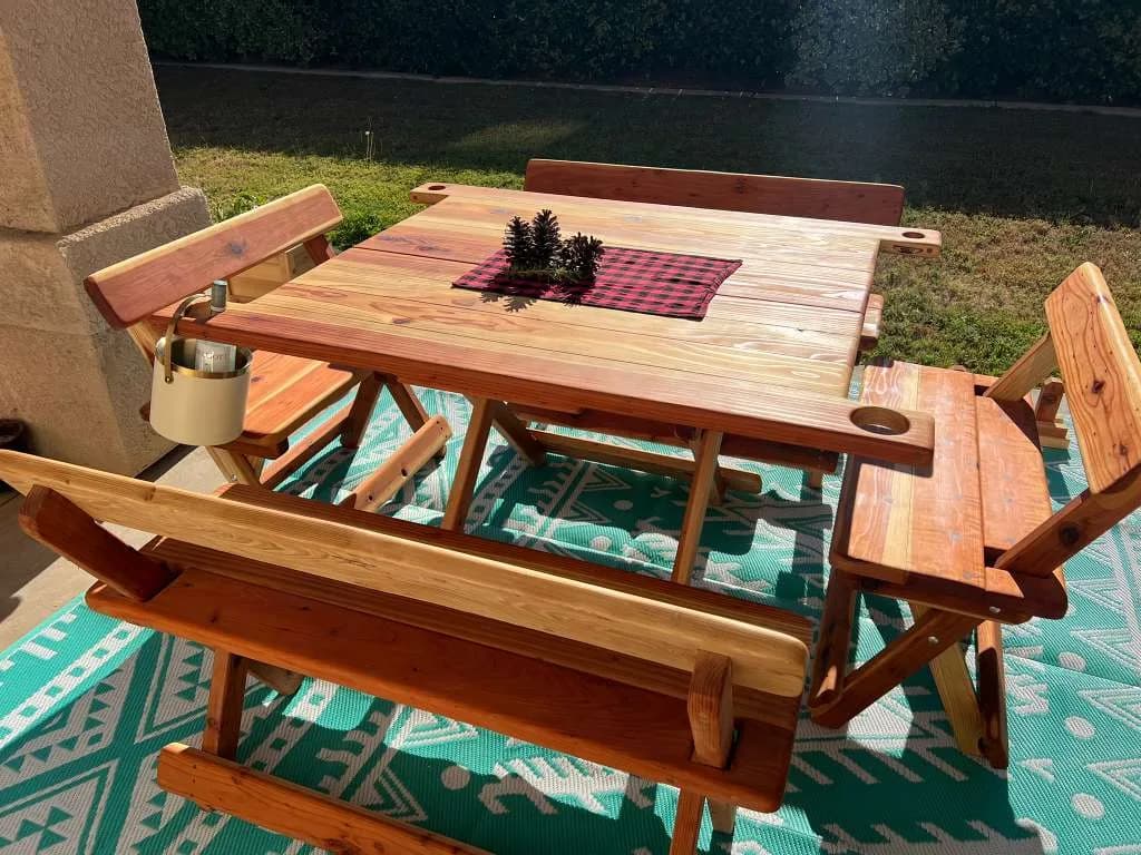 Michael Frazier redwood table with chiller and cupholder detail